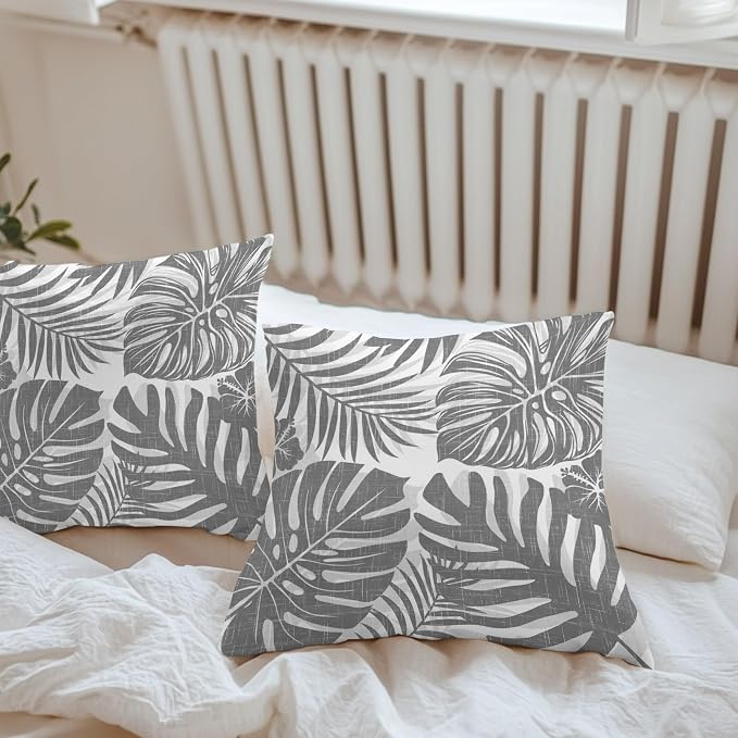 Grey Palm Leaves Outdoor Pillow Covers 16"x16" Set of 2, Tropical Botanical Minimalist Modern Waterproof Throw Pillow Covers for Patio Furniture, Decorative Cushion Covers for Porch
