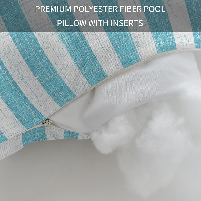 Outdoor Pillows with Insert 1 Pack-11"x16" Teal Stripes Head Pillow for Pool Lounger and Office Chair Modern Farmhouse Linen Texture Lumbar Pillow with Adjustable Strap