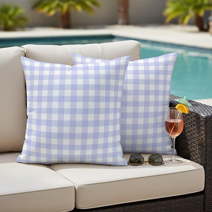 Light Purple Checks Outdoor Pillow Covers 18"x18" Set of 2, Gingham Plaid Abstract Modern Minimalist Waterproof Throw Pillow Covers for Patio Furniture, Decorative Cushion Covers for Porch
