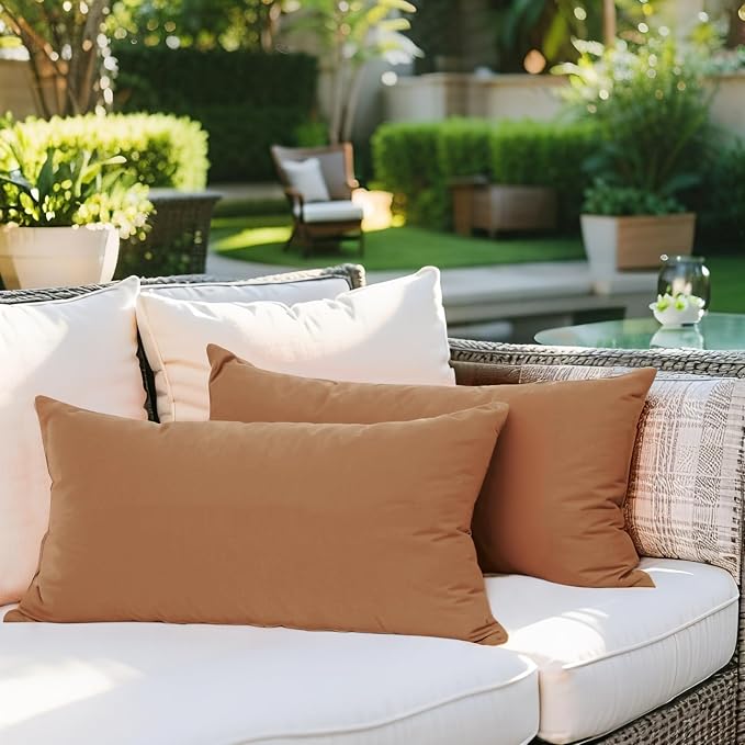 SK Studio Outdoor Water Resistant Throw Pillows, Decorative Patio Lumbar Cushions, Fluffy Furniture Garden Cushions for Home Patio Coach Sofa Use, Pack of 2, Brown, 20x20 Inch