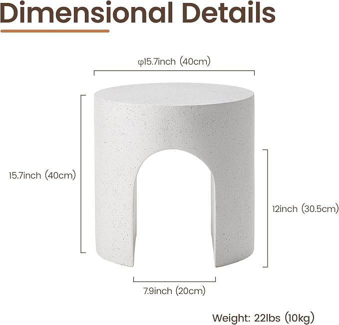 HOMPUS Outdoor Side Table w Hollow Arch, Concrete End Table, Round Patio MgO Coffee Lightweight Table, Modern Accent Vintage Garden Planter Stand for Indoor Outdoor Use, Spotted White