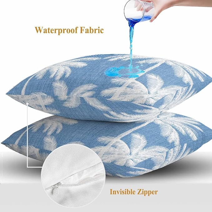 Outdoor Pillow Covers 18x18 Inch Set of 2, Blue Palm Trees Waterproof Throw Pillow Covers, Farmhouse Tropical Summer Beach Decorative Cushion Pillowcases for Couch, Sofa, Bed, Garden, Patio