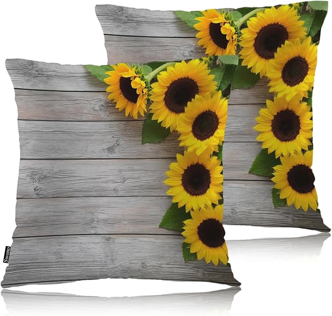 Swono Decorative Square Pillow Covers 18x18 Inch Sunflowers, Blossom Sunflowers Retro Wooden Polyester Pillow Case Set of 2, Soft Cushion Cover Pillowcases for Home Bedroom Couch Sofa Armchair