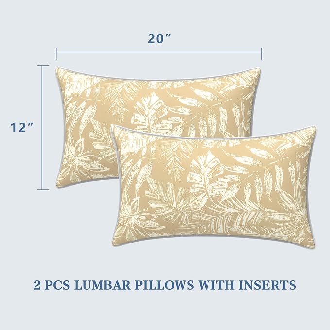 LVTXIII 2 Pack Outdoor Lumbar Pillows 12x20 Inch with White Piping, Fade Resistant Support Throw Pillows with Inserts for Patio Furniture, Sofa, Chair, Tropical Leaf Oat