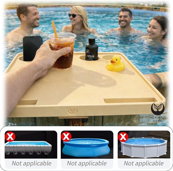 Above‑Ground Pool Table Tray with Cup Holders – Fits Intex, Coleman & Bestway Metal Frame Pools – Adjustable Drink & Snack Table with Phone Slots for Poolside Use