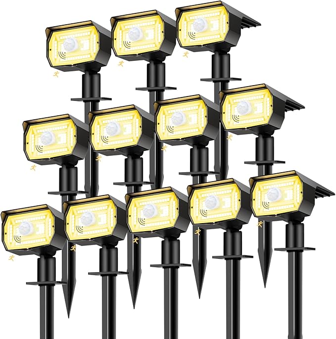 nipify 12 Pack Solar Lights Outdoor, Motion Sensor Spot Landscape Light | 3 Modes/56 LED, Warm White, Waterproof, Solar Powered, Landscaping, Lighting for Outside Pathway Yard Garden Walkway