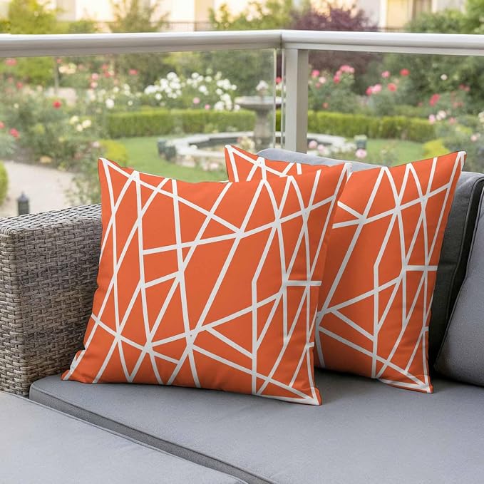 Outdoor Pillow Covers Waterproof, Orange Geometric Decorative Square Throw Pillowcases Patio Cushion Covers for Tent/Garden, 24" x 24" 2 Pack, Abstract Stripes Modern Simple