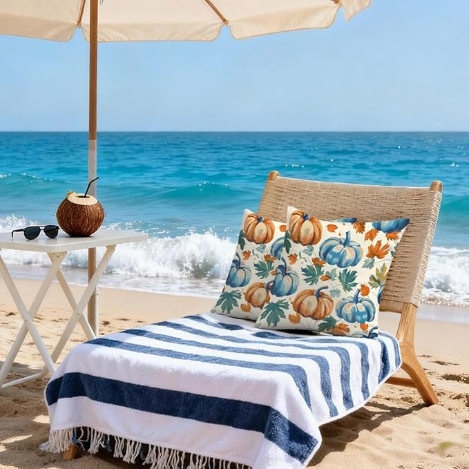 18x18 Inch Outdoor Pillow Covers Set of 2 Waterproof Throw Pillow Covers Decorative Couch Cushion Covers Blue Pumpkin Fall Leaf Square Pillowcases Protectors for Patio Garden Sofa