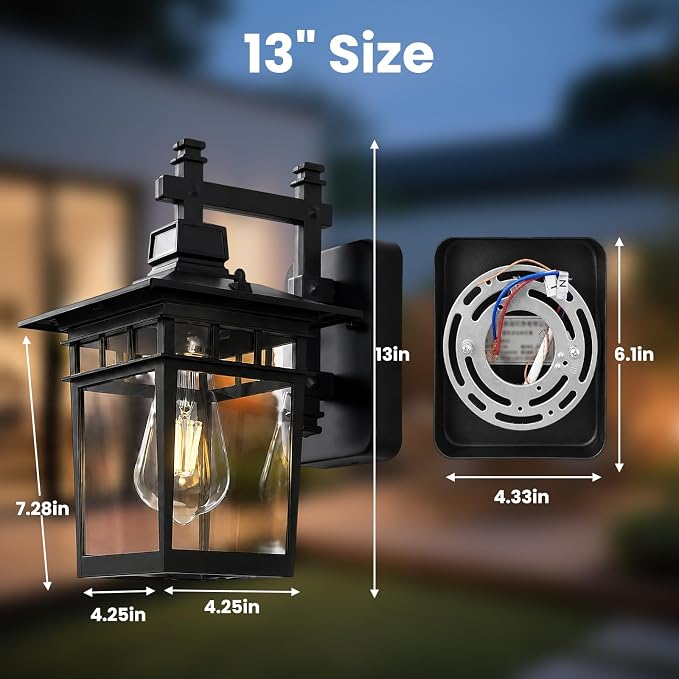13'' Black Outdoor Wall Light Fixture, Waterproof Wall Sconce Outdoor Light Fixtures Wall Mount with Clear Glass Lampshade Outdoor Wall Mounted Porch Lights for House, Garage, Patio