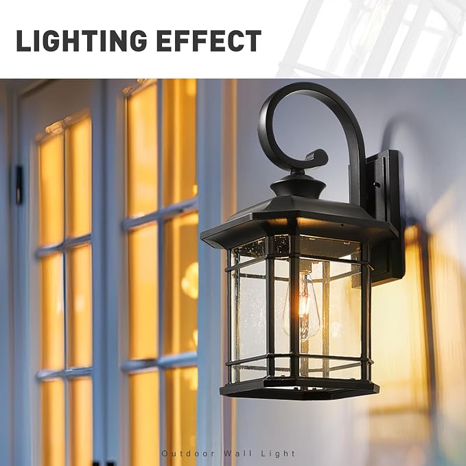 Emliviar Outdoor Wall Lantern Fixture with E26 Base, Large 21.9 Inch Exterior Wall Light with Seeded Glass, Black Finish, 2084B-L BK