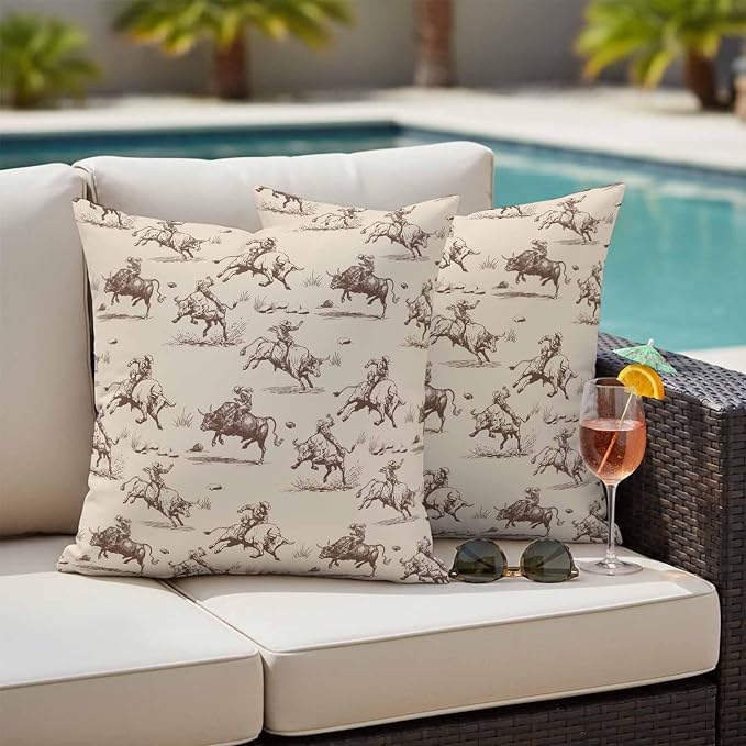 Western Cowboys Outdoor Pillow Covers Waterproof, All Weather Cushion Case Set of 2, Vintage Farmhouse Cow Nature Scenery Decorative Pillowcases for Sofa Couch Bed Decor Patio Furniture 20"x20"