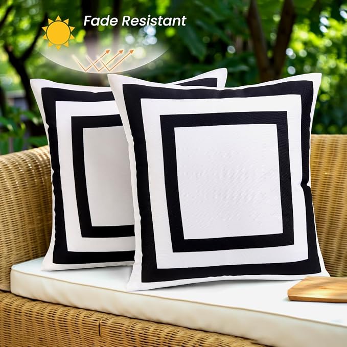 JOJOGOGO White Outdoor Throw Pillow Covers Waterproof 18x18 Set of 2, White and Black Decorative Outdoor Waterproof Boho Pillows 18 x 18 for Patio Furniture Bench (Black Border)