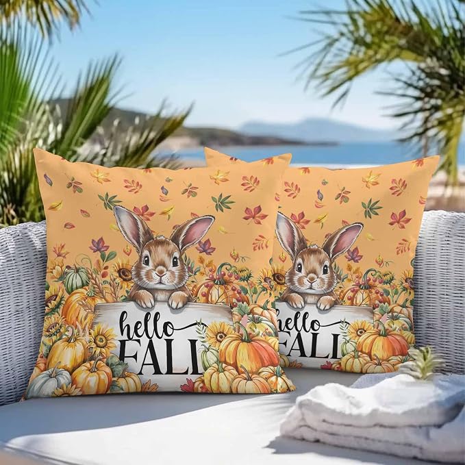 Thanksgiving Rabbit Outdoor Waterproof Pillow Covers, Orange Pumpkins Fall Leaves Flowers Decorative Square Throw Pillowcase Sofa Cushion Sham for Patio/Couch/Chair, 20"x20" 2 Pack
