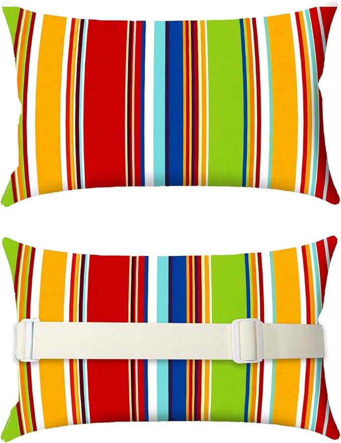 Outdoor Pillows for Lounge Chair Head Resting 2 Pack Waterproof | Headrest Lumbar Pillows with Adjustable Strap for Recliner Beach Pool Lounger Chair, Rainbow Stripes