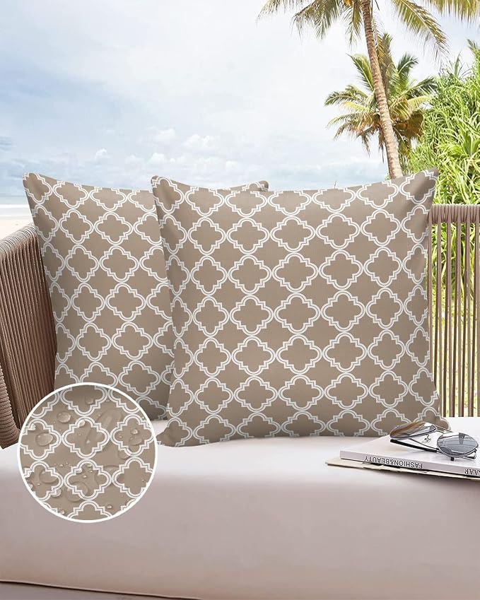 Outdoor Waterproof Pillow Covers for Patio Furniture Moroccan Pattern Decorative Throw Pillow Cover Beige Pillowcases Set of 2 Cushion Case for Sofa Couch Chair Home Decor 26x26 inch