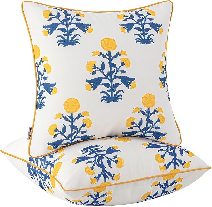 MIULEE Floral Outdoor Pillows Covers with Inserts 18x18 Blue and Yellow | Set of 2 Waterproof Decorative Throw Pillows with Piping,Vintage Fade Resistant, Patio Furniture Summer Garden Couch Sofa