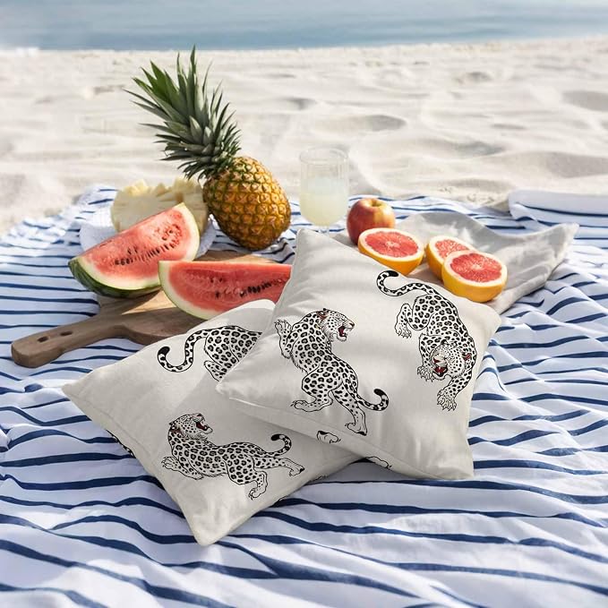 Vandarllin Outdoor Throw Pillows Covers 26x26 inch Set of 2 Waterproof Linen Leopard Decorative Zippered Cushion Covers for Patio Furniture, Bohemian Animal Print Lumbar Pillowcases