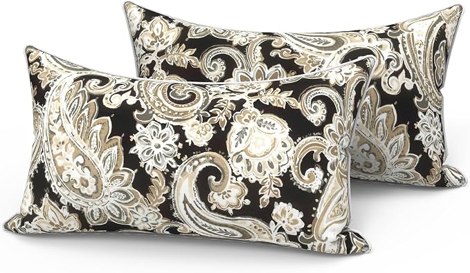 LVTXIII Set of 2 Outdoor Lumbar Pillows for Patio Furniture with White Piping, 12"x20" Fade Resistant Patio Lumbar Pillows with Inserts for Home Coach Sofa Use, Paisley Black