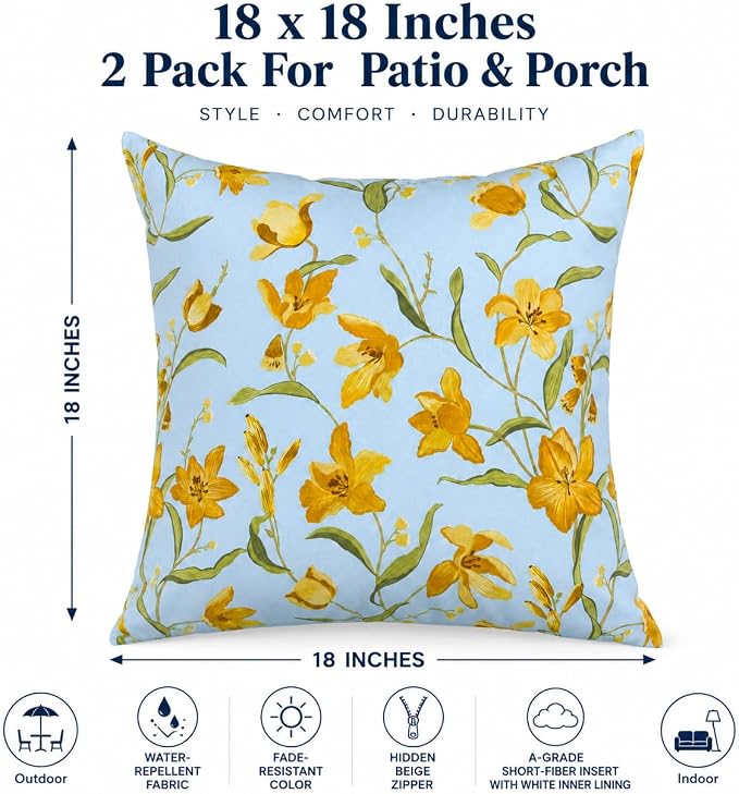 Outdoor Throw Pillows 18×18 Inch Waterproof Pillows with Inserts | Set of 2 Fade Resistant Decorative Square Pillows for Couch, Sofa and Patio Furniture