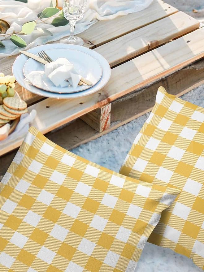 Outdoor Waterproof Throw Pillow Covers Set of 2 Yellow Buffalo Check Plaid Pillowcases 20x20 Inches Farmhouse Style Patio Decorative Pillows Cushion Case Patio Pillows for Couch Bed Chair Garden