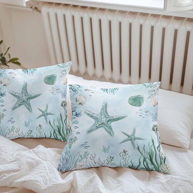 Coastal Starfish Waterproof Outdoor Pillow Covers Set of 2 Home Decor, Nautical Coral Tropical Fish Seashells Pillowcase Patio Pillow Covers for Couch Bench Furniture Garden 24x24in