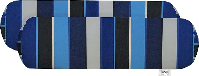RSH Décor Sunbrella Neck Roll Pillows – Set of 2 | 20” x 6” | Outdoor Coastal Bolster for Patio, Porch, Beachhouse, Poolside Furniture | Water & Fade-Resistant | Cobalt | Black & Blue Stripe