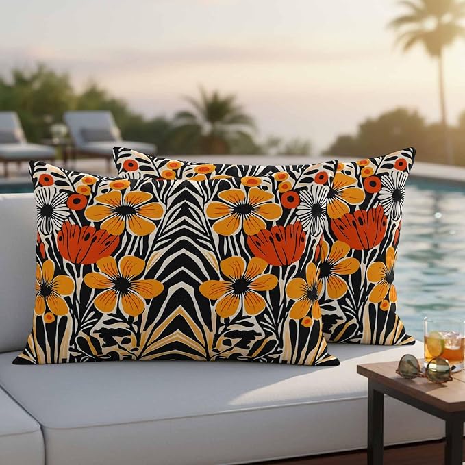 Orange Yellow Black Botanical Outdoor Pillow Covers 20x12 Inch Lumbar Pillow Covers Set of 2 Waterproof Decorative Throw Pillow Cases Modernism Spring Floral Cushion Covers for Patio Furniture Garden