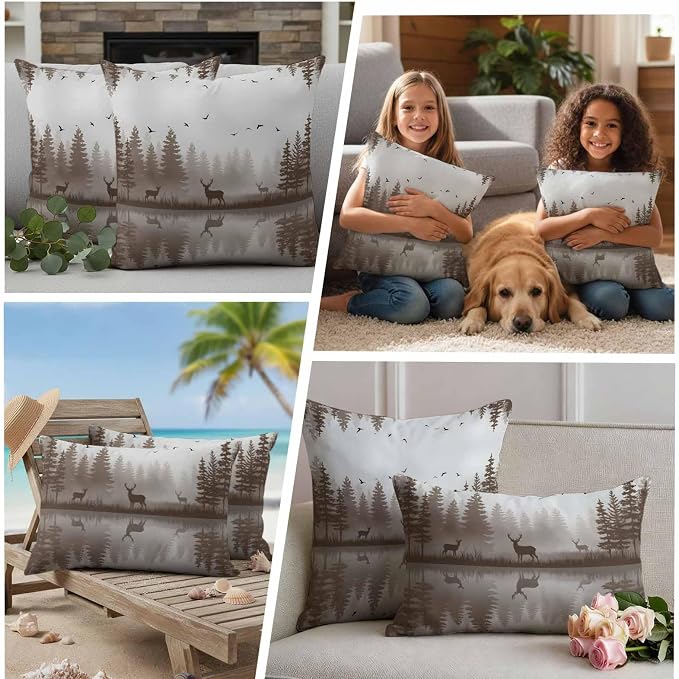 Yukro Brown Nature Landscape Outdoor Waterproof Pillow Covers Pack of 2, Deer Misty Lake Foggy Forest Birds Throw Pillowcases Decorative Cushion Covers for Garden Patio Tent Sofa Couch, 26x26 inch