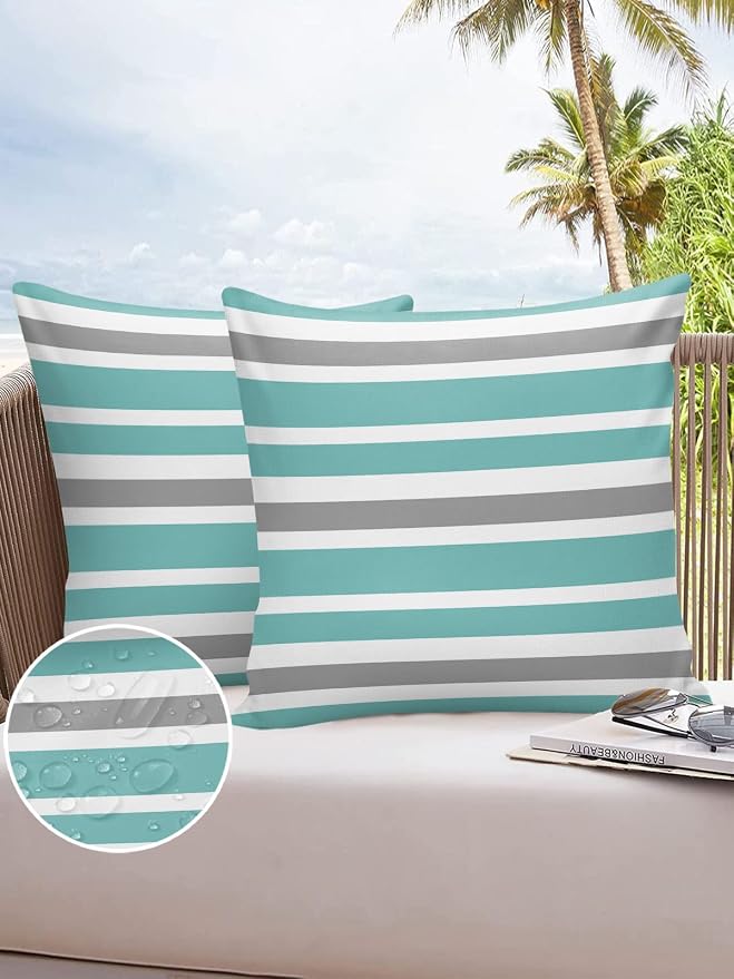 Outdoor Waterproof Throw Pillow Covers Set of 2 Grey Teal Stripes Decorative Outdoor Pillows Cushion Case 20x20 Inch Classic Striped Patio Pillows for Couch Sofa Bed Garden Office Home Decor