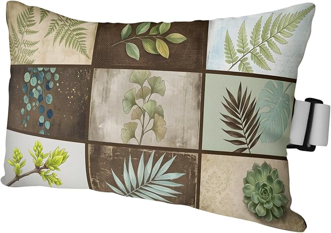 Outdoor Chair Pillow Headrest for Patio Pool Chaise Lounge, Vintage Leaves Recliner Head Pillow, Green Palm Plants Ginkgo Rustic Botanical Waterproof Pillowcases Neck Lumbar Pillows & Insert 12x20x1