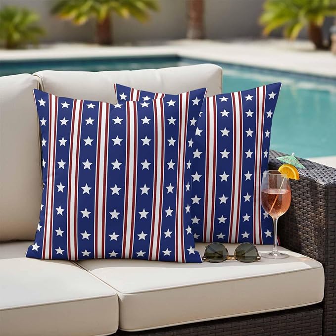 Blue Red Outdoor Pillow Covers 16"x16" Set of 2, Waterproof Throw Pillow Covers for Patio Furniture, Stripes Patirotic Star Independence Day Decorative Cushion Covers for Porch