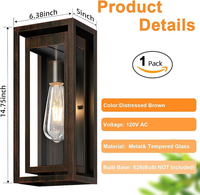 15" Large Outdoor Light Fixture Wall Mount, Distressed Brown Outdoor Sconce Lights, Modern Waterproof Exterior Porch Lights with Clear Glass Shade for Front Door, Garage, 1 Pack