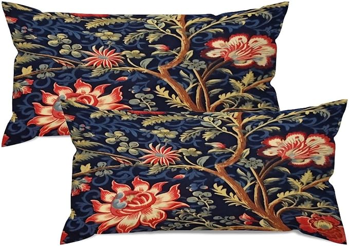 Zipped Pillow Cases for Home Decor Burgundy Gold Navy Blue Floral Botanical Throw Pillow Cover Set of 2 Farmhouse Cushion Cover Cases for Living Room Club Home Decor 12x24in