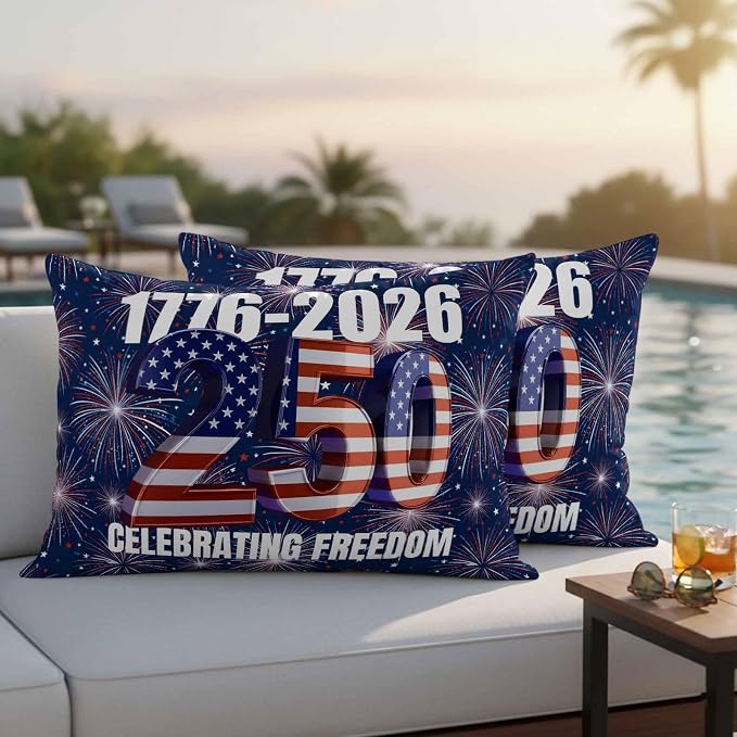 250 Anniversary USA Flag Outdoor Pillow Covers 20x12 Inch Lumbar Pillow Covers Set of 2 Waterproof Decorative Throw Pillow Cases Blue American Flag 250 Fireworks Cushion Covers for Patio Furniture