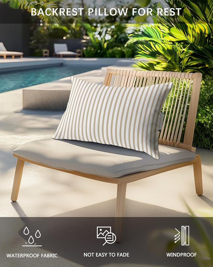 Pack of 2 Outdoor Lumbar Pillow Covers 12x20 Inch, Thin Beige Striped Waterproof Throw Pillow Covers Set, Farmhouse Modern Stripes Indoor&Outdoor Decorative Cushion Cases for Patio Porch Car