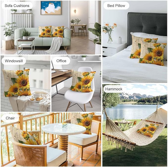 Throw Pillow Covers 24x24 Inch Set of 2, Yellow Sunflowers Waterproof Outdoor Cushion Covers, Country Vintage Botanical Floral Decorative Pillowcases for Couch, Sofa, Bed, Garden, Patio