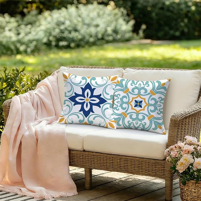 Outdoor Waterproof Throw Pillow Covers 16x16 Set of 4 Floral Boho Decorative Cushion Cases for Patio Furniture Garden Porch Bench Couch Sunbrella