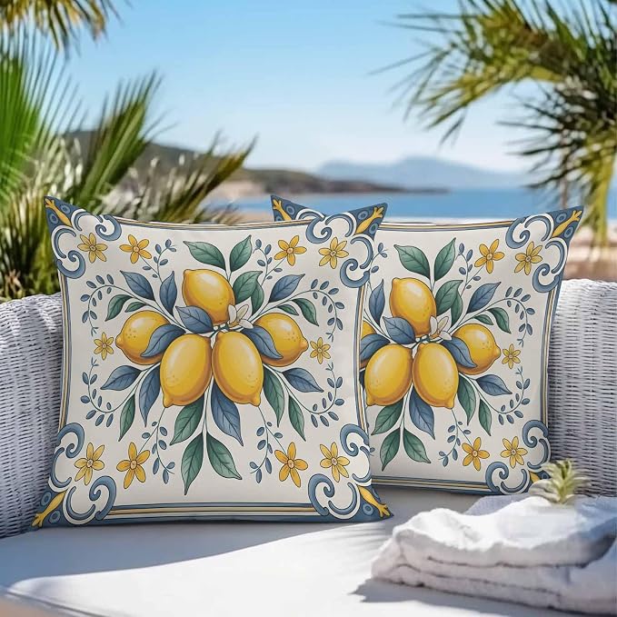 Throw Pillow Covers 26x26 Inch Set of 2, Yellow Blue Lemon Waterproof Outdoor Cushion Covers, Summer Botanical Watercolor Decorative Pillowcases for Couch, Sofa, Bed, Garden, Patio