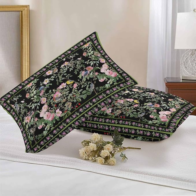 Vandarllin Outdoor Throw Pillows Covers 20x12 inch Set of 2 Waterproof Pink Floral Bird Decorative Zippered Cushion Covers for Patio Furniture, Green Leaves Branches Black Lumbar Pillowcases