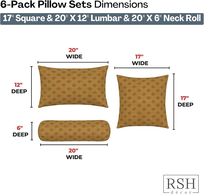 RSH DECOR: 6-Pack Pillow Set | Sunbrella Performance Fabric |Water & Fade-Resistant| 17" Square, 20"x12" Lumbar, 20"x6" Neck Roll | Outdoor Pillows for Patio Furniture | Made in USA (Trinket Teak)