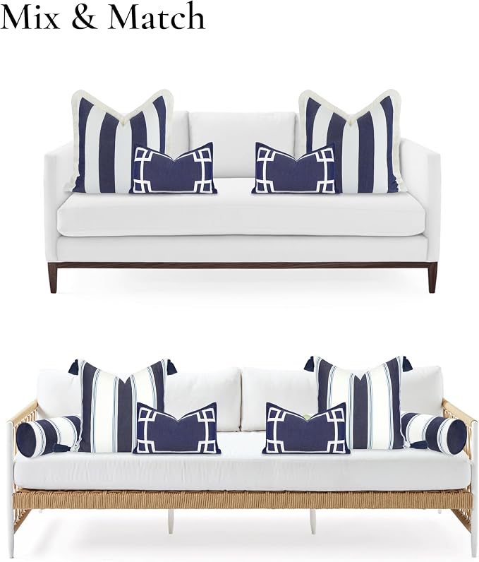 Hofdeco Premium Coastal Hampton Outdoor Performance Lumbar Pillow Cover Only, 12"x20" Water Repellent, UV and Fade Resistant for Backyard, Couch, Poolside, Indigo Blue Embroidered Frame Greek Key