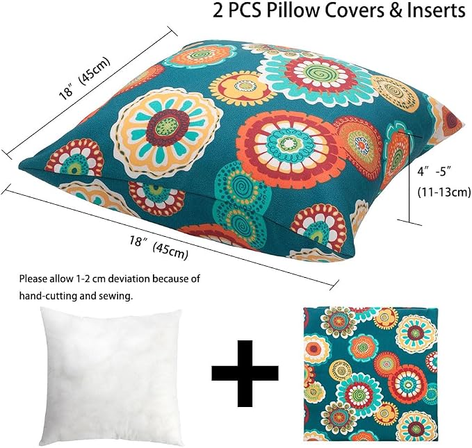 Magpie Fabrcis Pack of 2 Outdoor Waterproof Throw Pillow with Insert 18 x 18 Inch, Christmas Decorative Back Cushion Pad for Garden Patio Tent Balcony Couch Sofa(Floral Green)