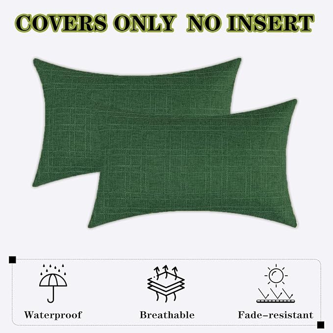 Kevin Textile Outdoor Waterproof 12”x20” Pillow Covers 2 Pack, Dark Green | Water Resistant, Soft Faux Linen-cotton Yarn-dyed Woven Texture Throw Pillow Covers for Tent Patio Garden Couch Sofa