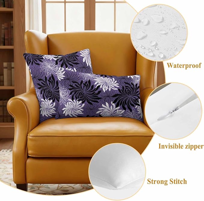 Yukro Purple Black Floral Outdoor Waterproof Pillow Covers Pack of 2, Vintage White Black Flower Purple Decorative Throw Pillowcases Cushion Covers for Garden Patio Tent Sofa Couch, 18x18 inch