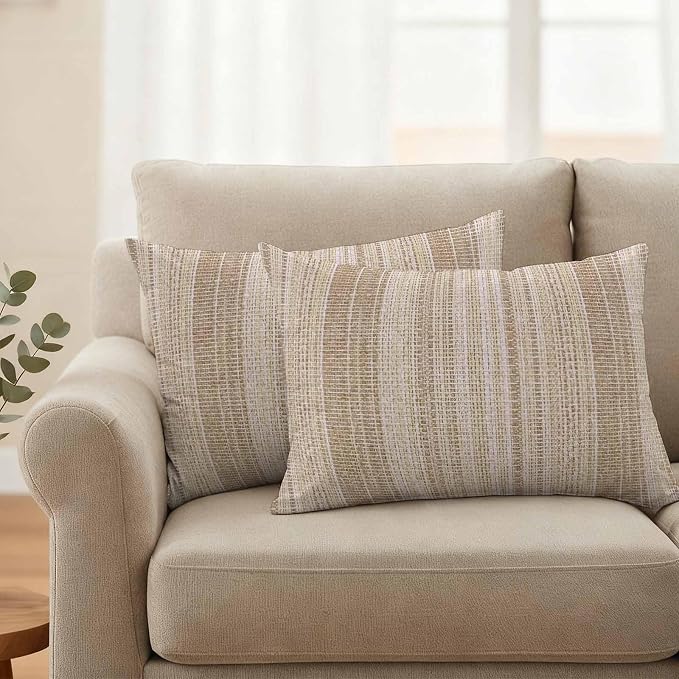 Abstract Beige Outdoor Pillow Covers 20"x12" Set of 2, Rustic Farmhouse Minimalist Beige Vertical Striped Lines Waterproof Throw Pillow Covers for Patio Furniture, Decorative Cushion Covers for Porch