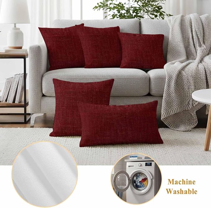 Outdoor Waterproof Throw Pillow Covers Set of 2 Wine Red Linen Pillowcases 20x20 Inches Farmhouse Pure Color Decorative Pillows Cushion Case Patio Pillows for Couch Bed Chair Garden