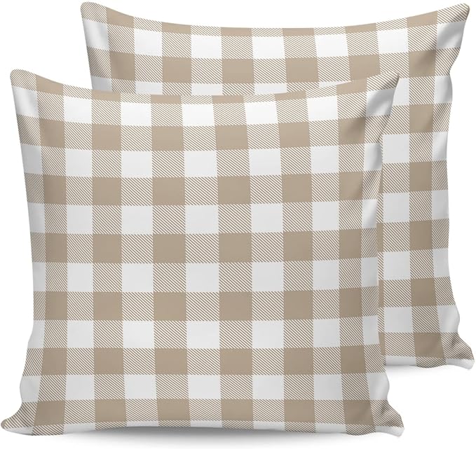 Outdoor Waterproof Throw Pillow Covers Set of 2 Khaki Buffalo Check Plaid Pillowcases 20x20 Inches Farmhouse Style Patio Decorative Pillows Cushion Case Patio Pillows for Couch Bed Chair Garden
