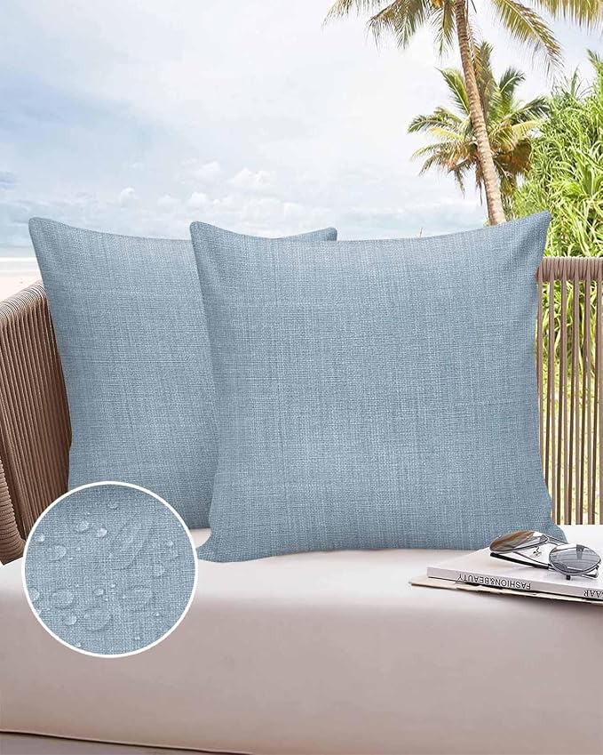 Vandarllin Outdoor Throw Pillows Covers 24x24 inch Set of 2 Waterproof Sky Blue Linen Decorative Zippered Cushion Covers for Patio Furniture, Farmhouse Pure Color Lumbar Pillowcases