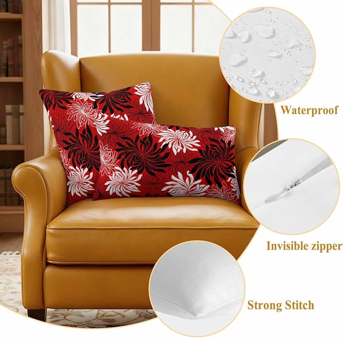 Yukro Red Black Floral Outdoor Waterproof Pillow Covers Pack of 2, Vintage White Black Flower Red Decorative Throw Pillowcases Cushion Covers for Garden Patio Tent Sofa Couch, 18x18 inch