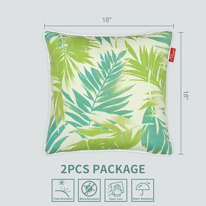 Pack of 2 Outdoor Throw Pillows,18x18 Inch All-Weather Water-Resistant Patio Pillows with Inserts,Decorative Pillows for Patio Furniture,Couch,Sofa,Poolside,Green Leaf